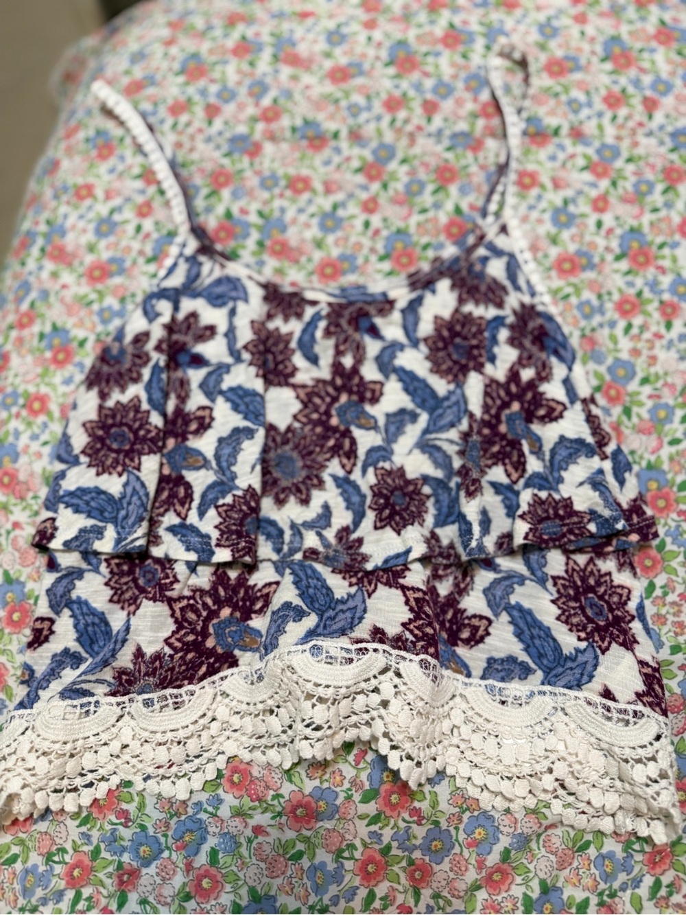 Forever 21 Blue & Maroon Floral Lace-Hem Camisole